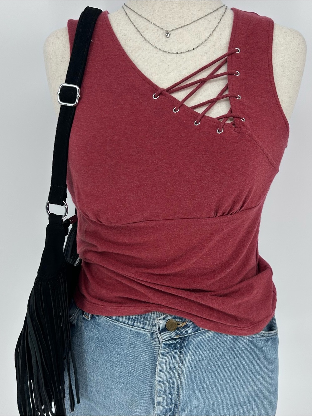 Y2K Red Lace Up Tank Top Soft Girl Grunge Fitted Stretch 2000s Basic Cute
